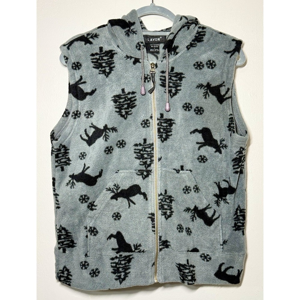 Vintage Lavon Full Zip Hooded Vest Women's Large Gray Moose Winter Polyester